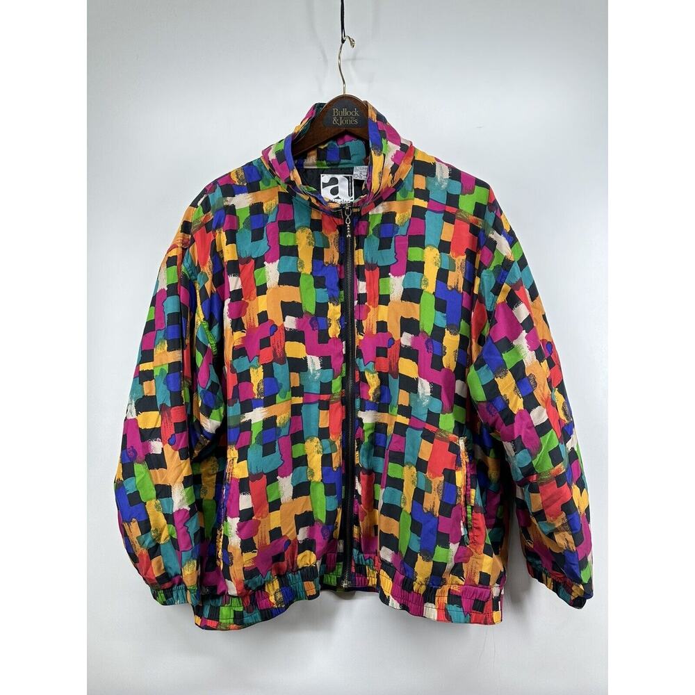 Activology Silk‎ Jacket Windbreaker XL Multicolored Retro Front Zip Vintage 80s